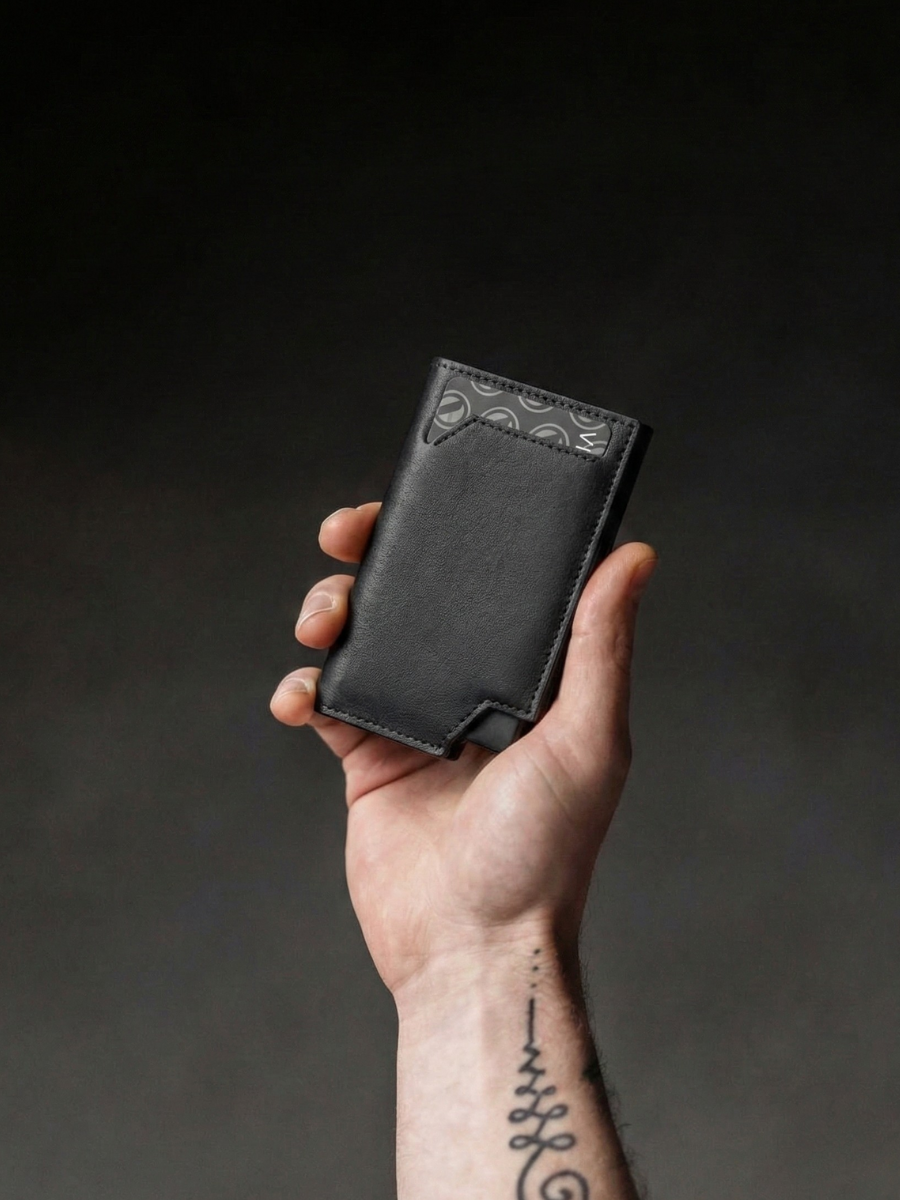Hand holding a black leather wallet against a dark background