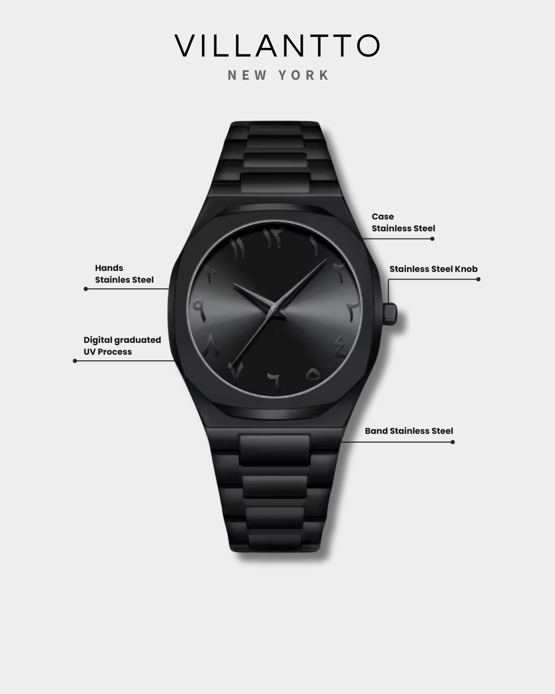 Villantto black Arabic dial watch for men in Pakistan – minimalist wristwatch with stainless steel case and Arabic numerals - perfect gift for men in Pakistan