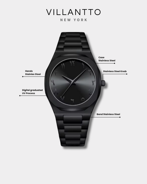 Villantto black Arabic dial watch for men in Pakistan – minimalist wristwatch with stainless steel case and Arabic numerals - perfect gift for men in Pakistan
