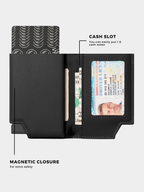 Black wallet with cash slot, driver's license, and money inside, on a white background.