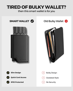 Promotional graphic for a slim black smart wallet, showing a compact card holder labeled 'SMART WALLET' with features like slim design, quick card access, and RFID protection, alongside an 'Old Bulky Wallet' comparison on a light gray background.