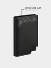 Black wallet with an extra card slot feature on a white background