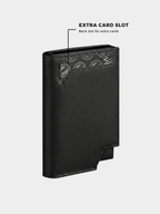 Black wallet with an extra card slot feature on a white background