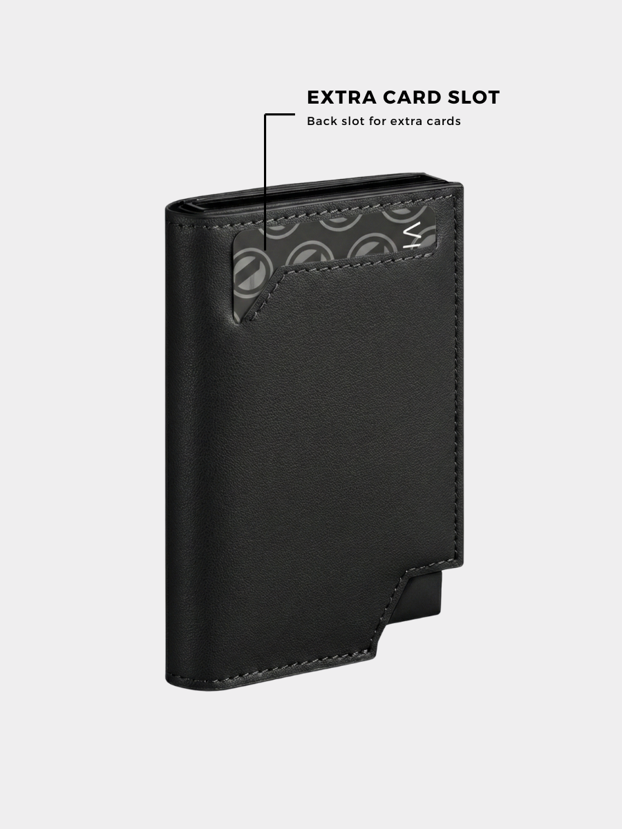Black wallet with an extra card slot feature on a white background