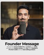 Smart Wallet Pro device with a metallic zipper. The image has a gray footer with the text 'Founder Message' and a promotional paragraph about the wallet.
