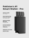 Black smart wallet with features listed on a white background