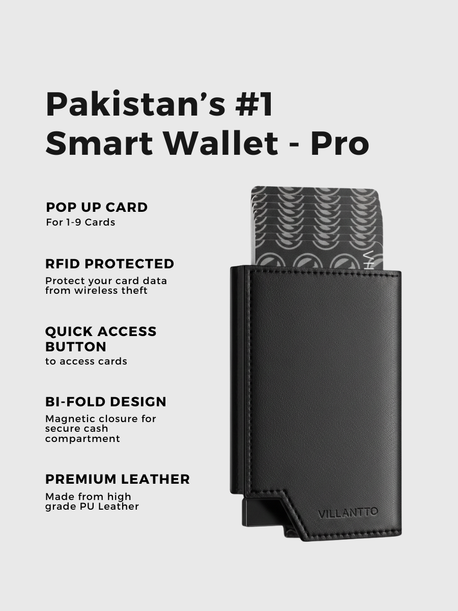 Black smart wallet with features listed on a white background