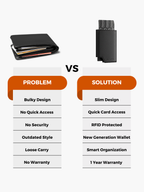 Comparison chart between a bulky wallet and a slim wallet with solutions for problems listed.