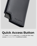A close-up of a leather smart wallet with a visible pop-out card slot and the embossed brand name VILLANTTO, above marketing text that reads 'Quick Access Button' and explains the one-click card access feature.