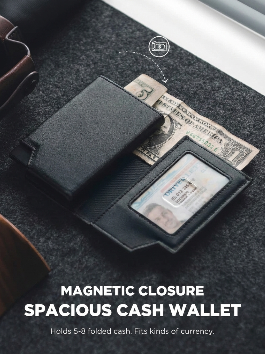 Black wallet with magnetic closure holding money and a card on a dark surface.