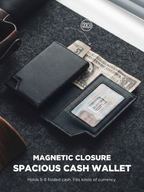 Black wallet with magnetic closure holding money and a card on a dark surface.