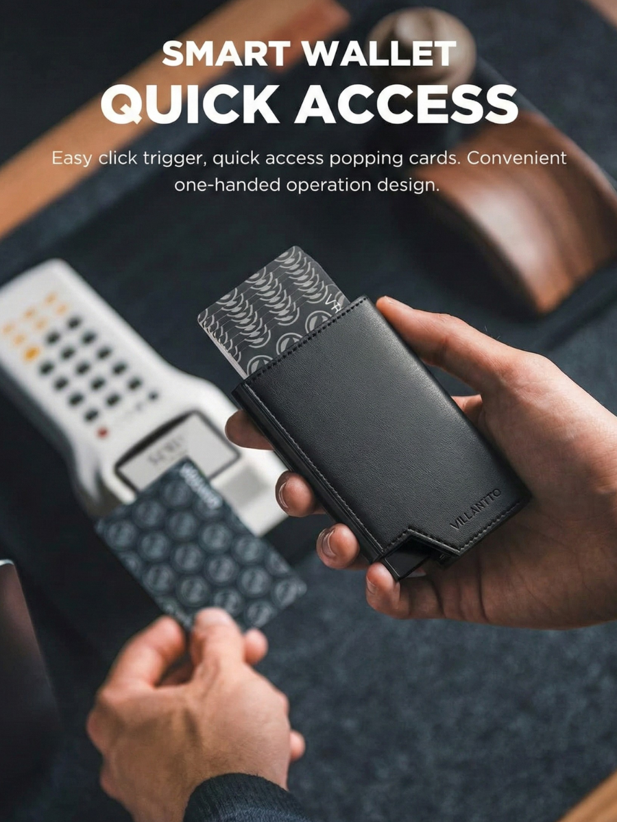 Smart wallet with quick access feature held by a person, with text highlighting features.