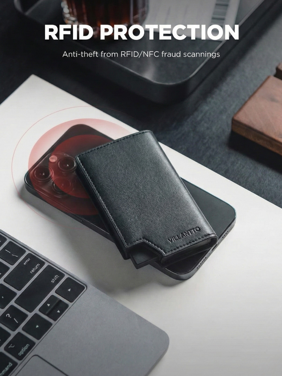 Black RFID protection wallet on a laptop with 'Vilantto' branding, placed on a desk.