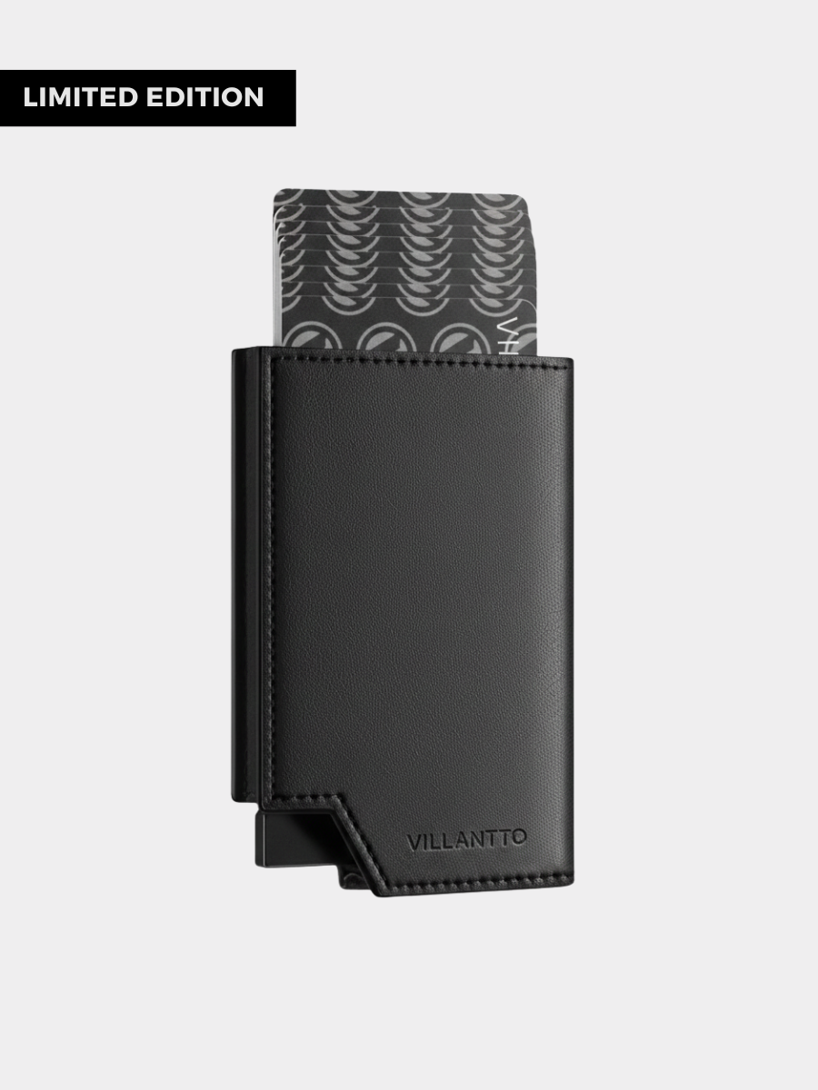 Black leather wallet with a card insert on a light gray background, featuring the brand 'Villantto'.

